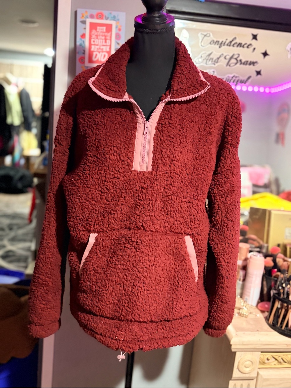 NWOT SO Maroon Sherpa Fleece Jacket with Pink Trim-M